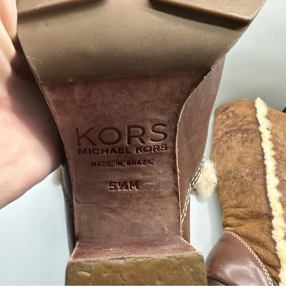 MICHAEL KORS Brown Leather Suede Sherpa Lined Tall Fold Over Heeled Boots Sz 5.5 - Picture 8 of 9